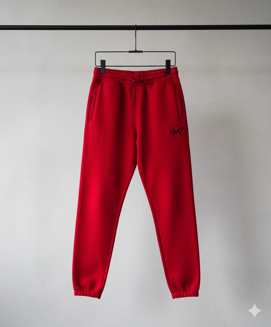 Red sweatpants with a logo on a hanger against a gray background